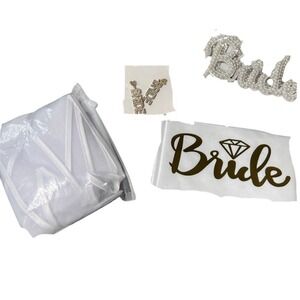 Bride Bundle NWT Veil Sash Earrings Rhinestone Pearl Bridal Party Bachelorette